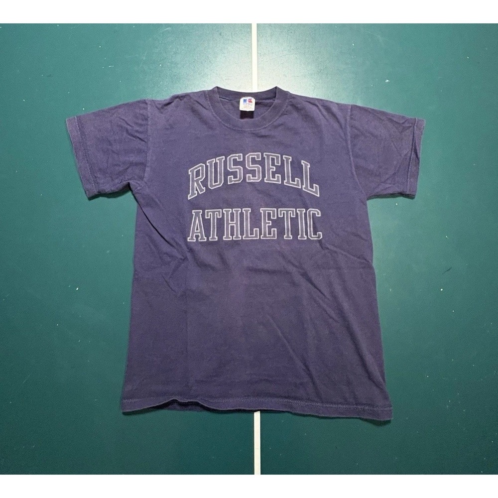 Vintage Russell Athletic Spell Out T-Shirt Youth Large Blue Made in USA 80s 90s